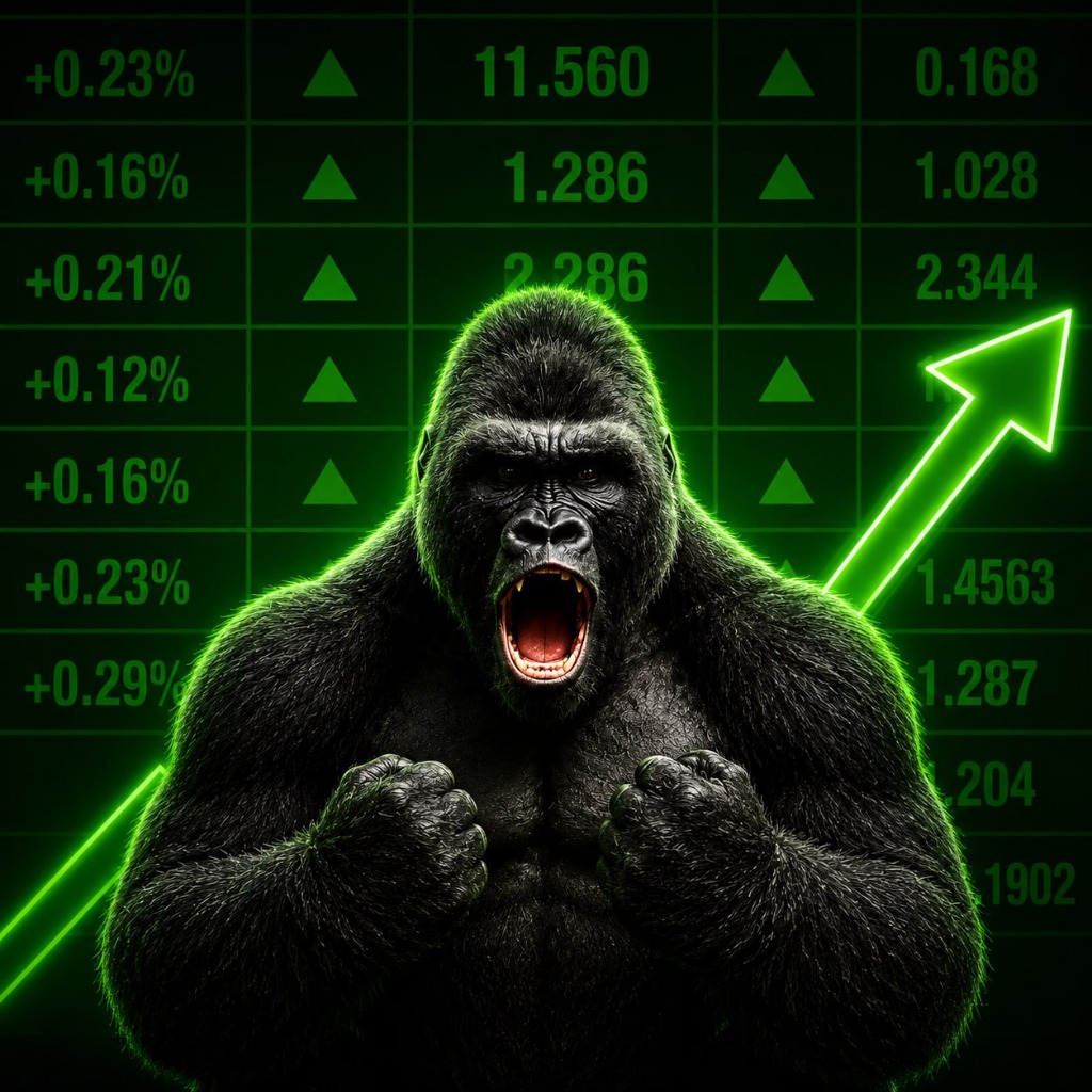 Roaring silverback gorilla in front of a green stock ticker board with a rising arrow and the Robinhood logo